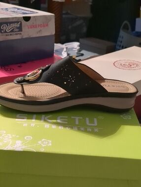 SiketU Black Women's Slip-On Thong Sandal with Gold Accent
